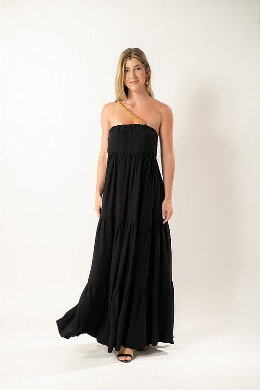 Vestido Longo Preto Alça Transpassada com Esferas Amadeiradas