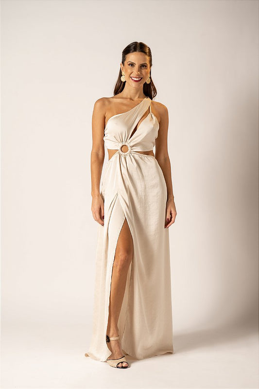 Vestido Longo Champanhe com Recortes e Fenda Frontal