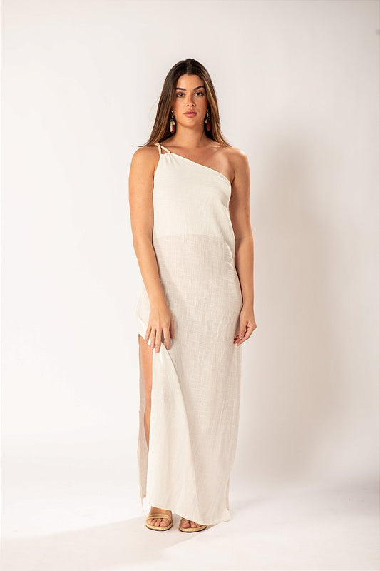 Vestido Longo Off White Ombro Único com Alça Torcida