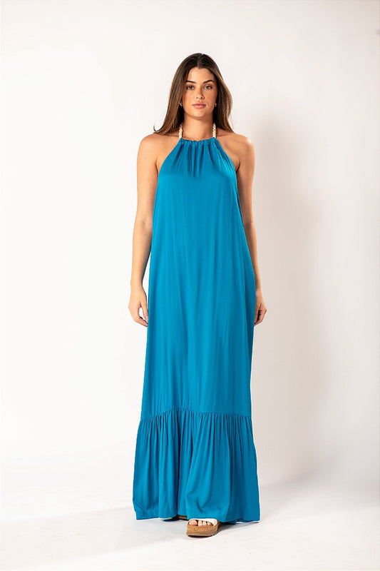 Vestido Longo Frente Única Azul com Amarração