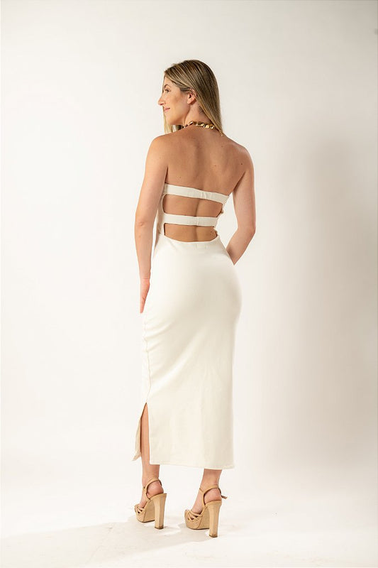 Vestido Midi Off White Tomara que Caia com Costas Vazadas
