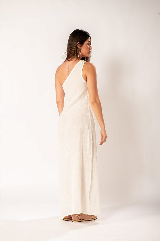 Vestido Longo Off White Ombro Único com Alça Torcida