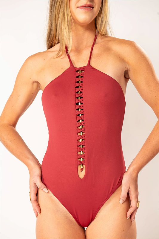 Body Frente Única Rosa Marsala com Trançado