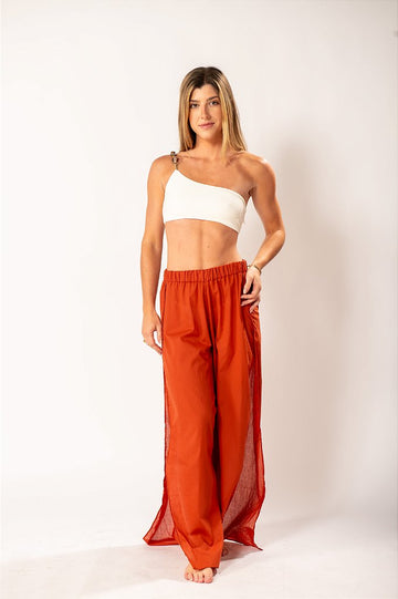 Calça Pantalona Terracota com Fendas Laterais
