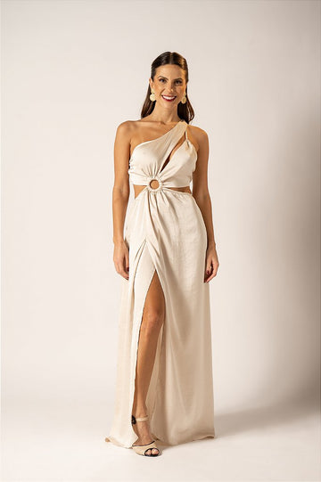 Vestido Longo Champanhe com Recortes e Fenda Frontal