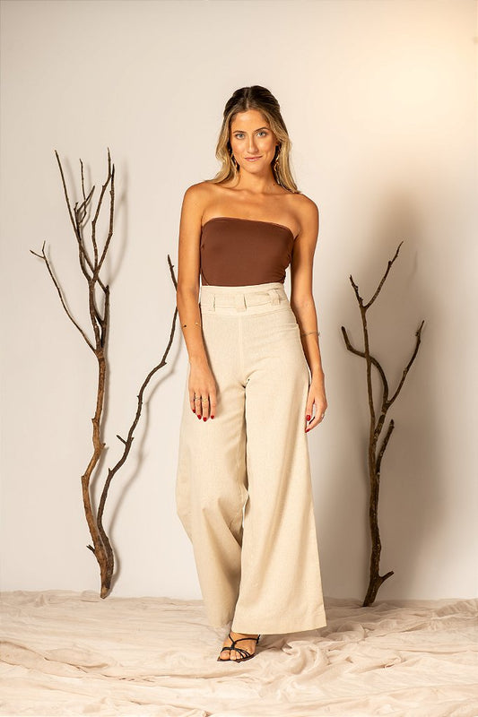 Calça Pantalona Cru com Cós Alto em Linho
