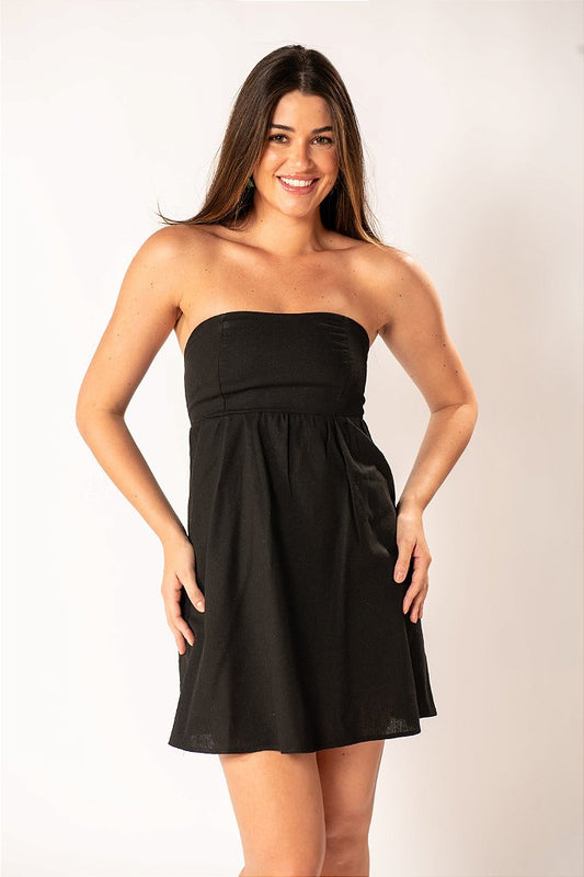 Vestido Curto Preto Tomara que Caia em Linho