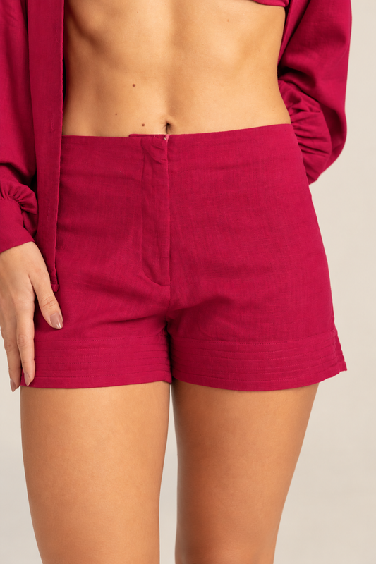 Shorts em Linho Rosa com Pesponto Pulsar