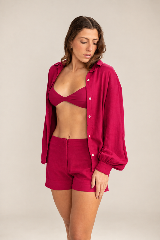 Camisa em Linho Rosa com Mangas Bufantes Pulsar
