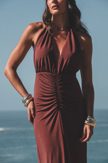 Vestido Longo Frente Única Marrom Respiro
