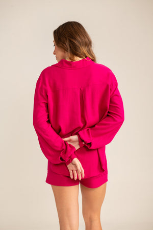 Camisa em Linho Rosa com Mangas Bufantes Pulsar