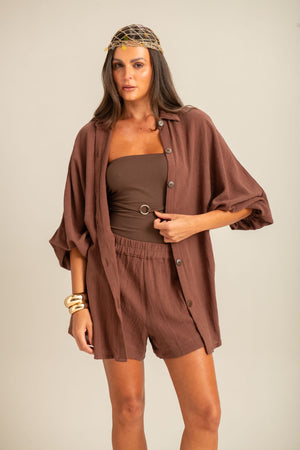 Camisão com Mangas Bufantes Marrom Brisa