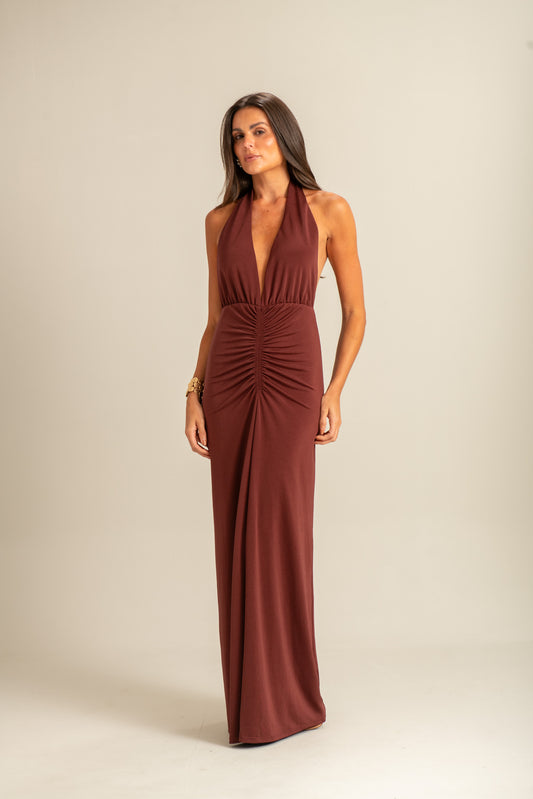 Vestido Longo Frente Única Marrom Respiro