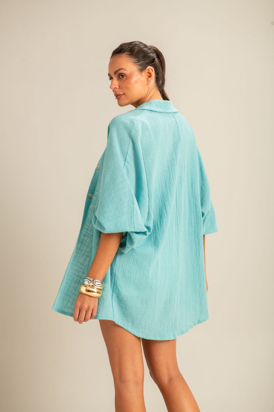 Camisão com Mangas Bufantes Azul Brisa