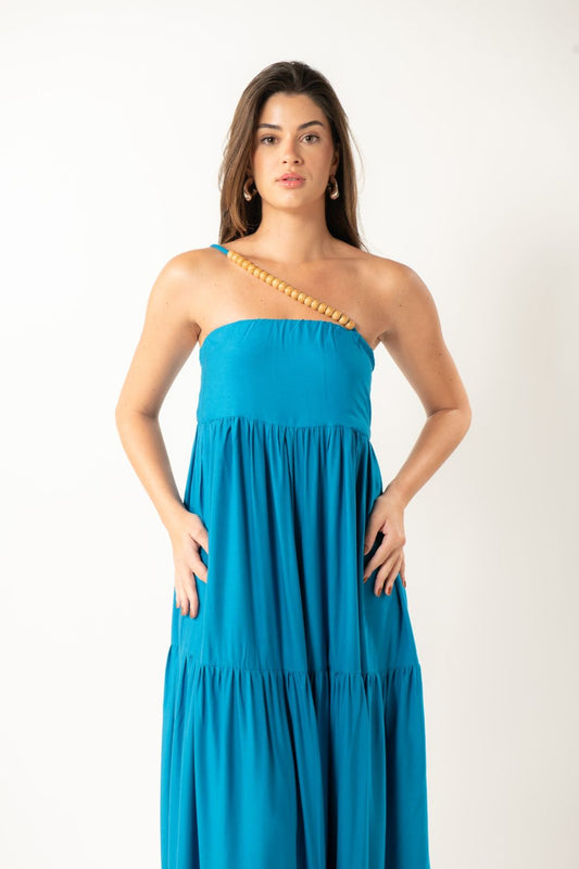 Vestido Longo Azul Alça Transpassada com Esferas Amadeiradas