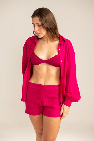 Camisa em Linho Rosa com Mangas Bufantes Pulsar