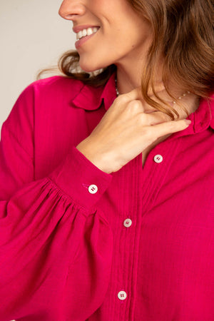 Camisa em Linho Rosa com Mangas Bufantes Pulsar