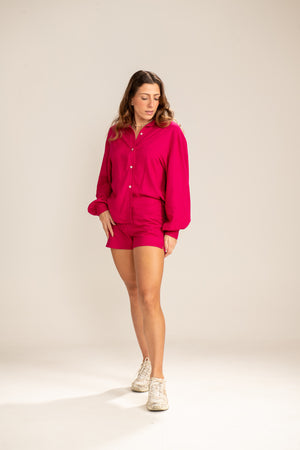 Camisa em Linho Rosa com Mangas Bufantes Pulsar
