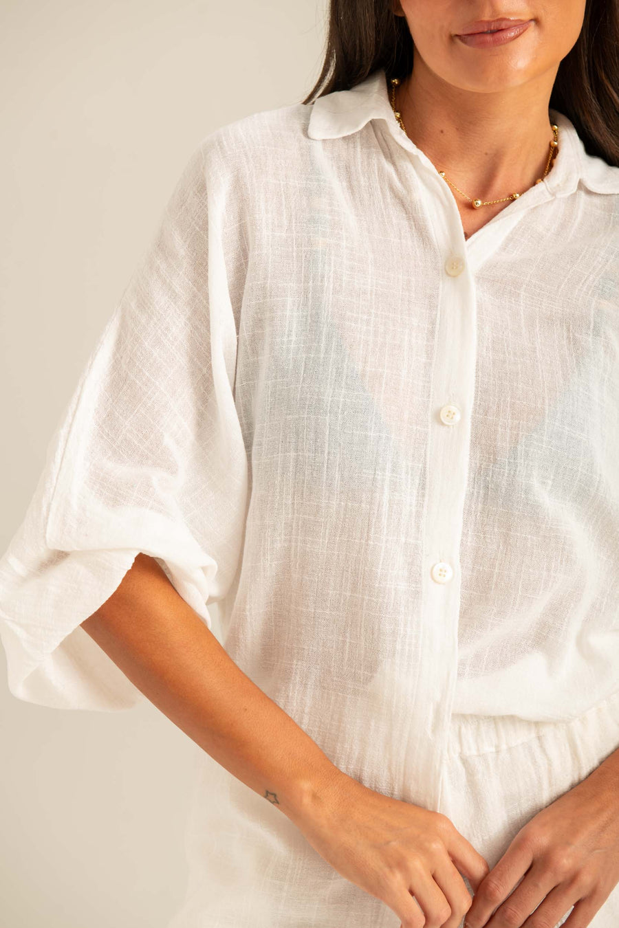 Camisão com Mangas Bufantes Off White Brisa