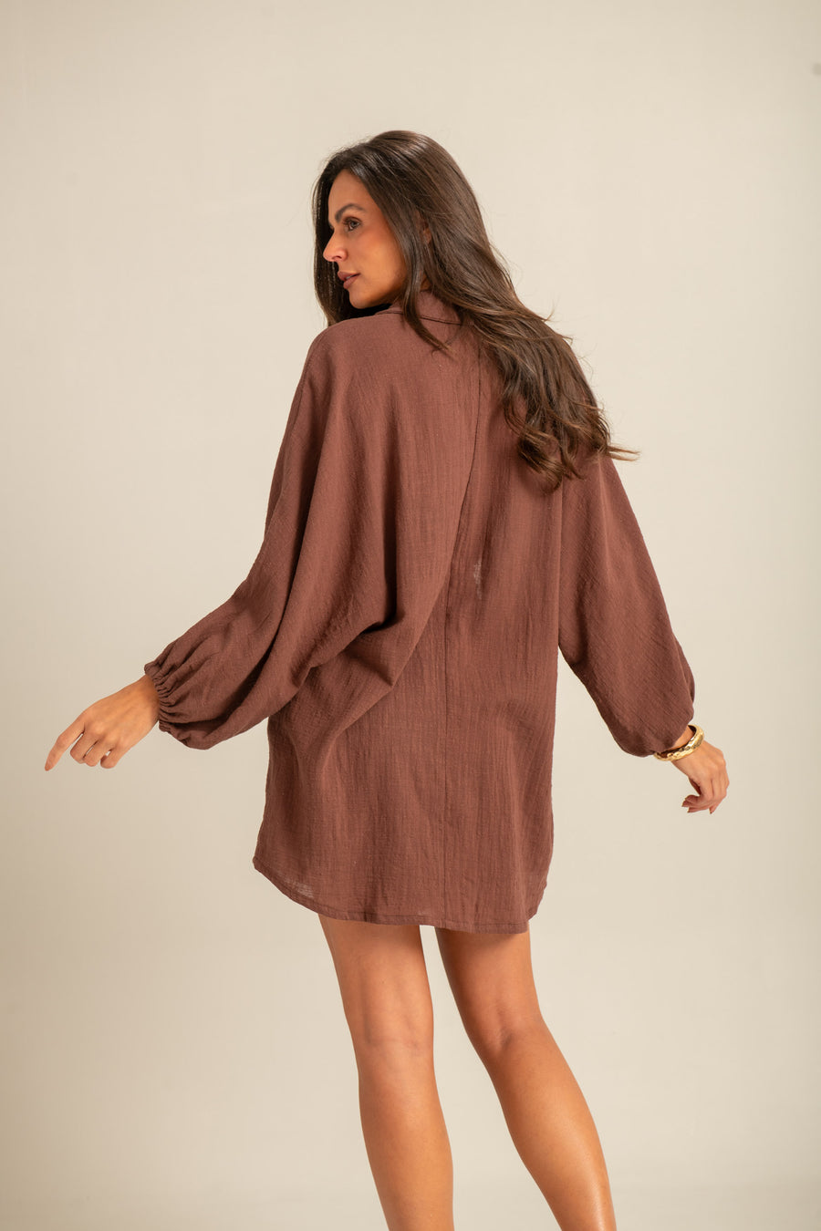 Camisão com Mangas Bufantes Marrom Brisa