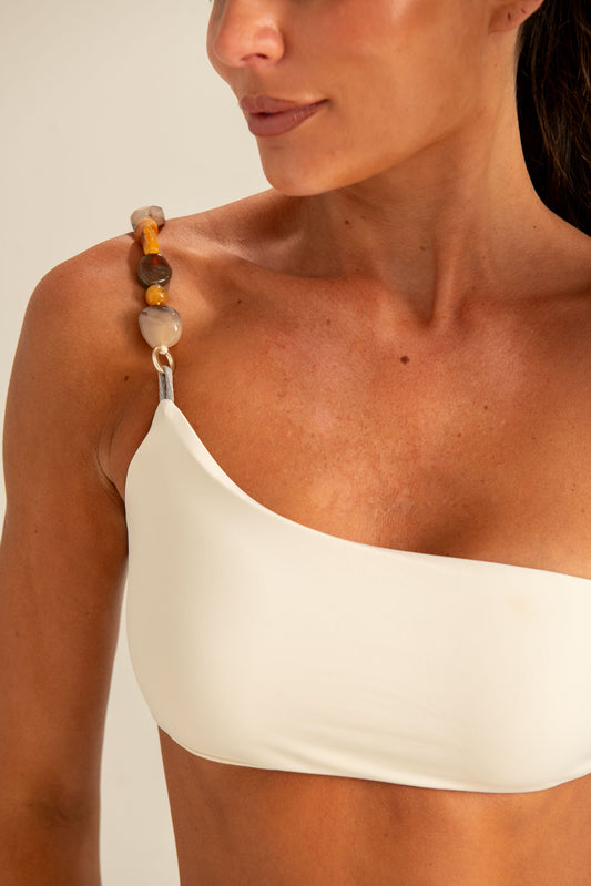 Biquíni Ombro Único Off White com Pedras Naturais