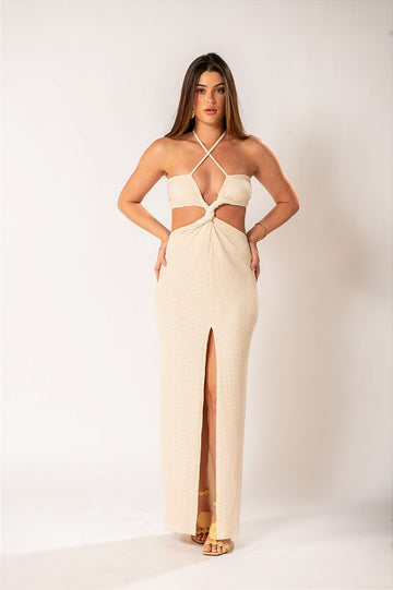 Vestido Longo Off White com Lurex e Torção no Busto