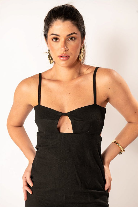 Vestido Midi Preto em Linho com Fendas Laterais