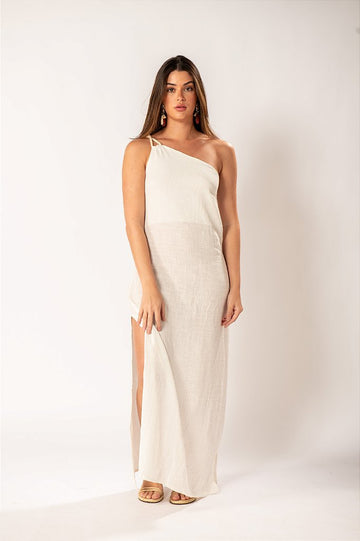 Vestido Longo Off White Ombro Único com Alça Torcida