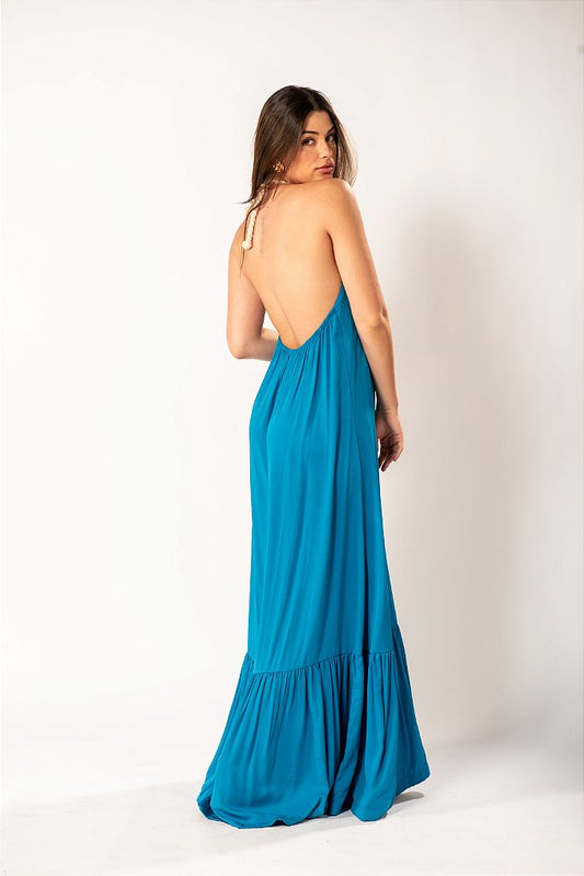 Vestido Longo Frente Única Azul com Amarração