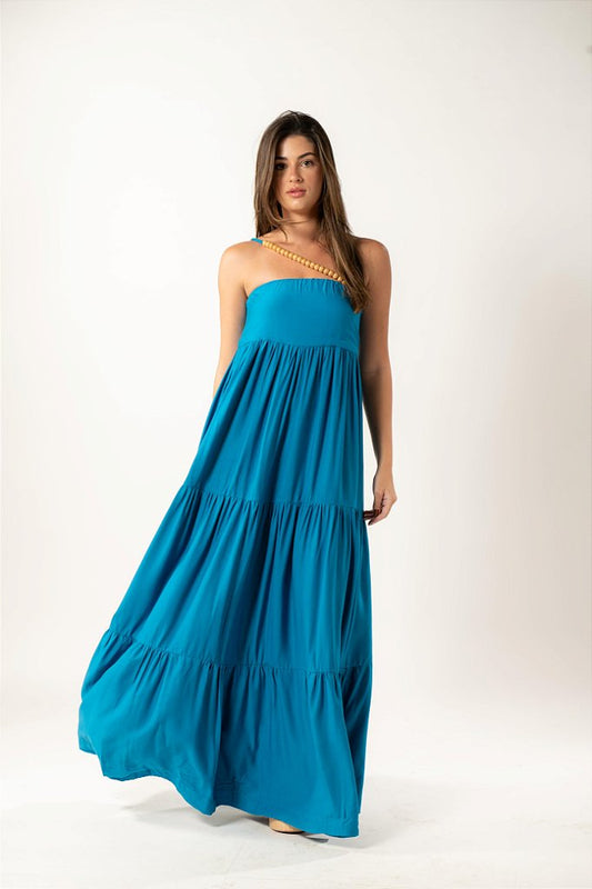 Vestido Longo Azul Alça Transpassada com Esferas Amadeiradas