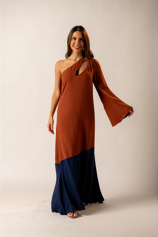 Vestido Ombro Único Bicolor Ônix