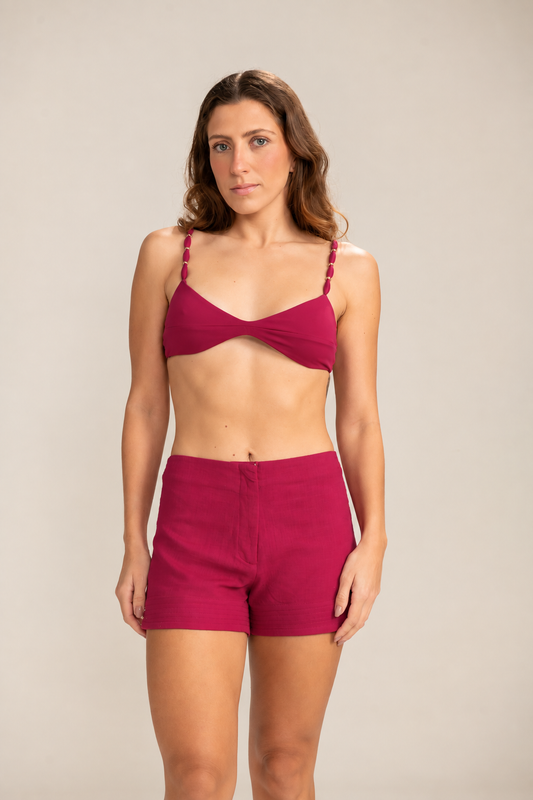 Shorts em Linho Rosa com Pesponto Pulsar